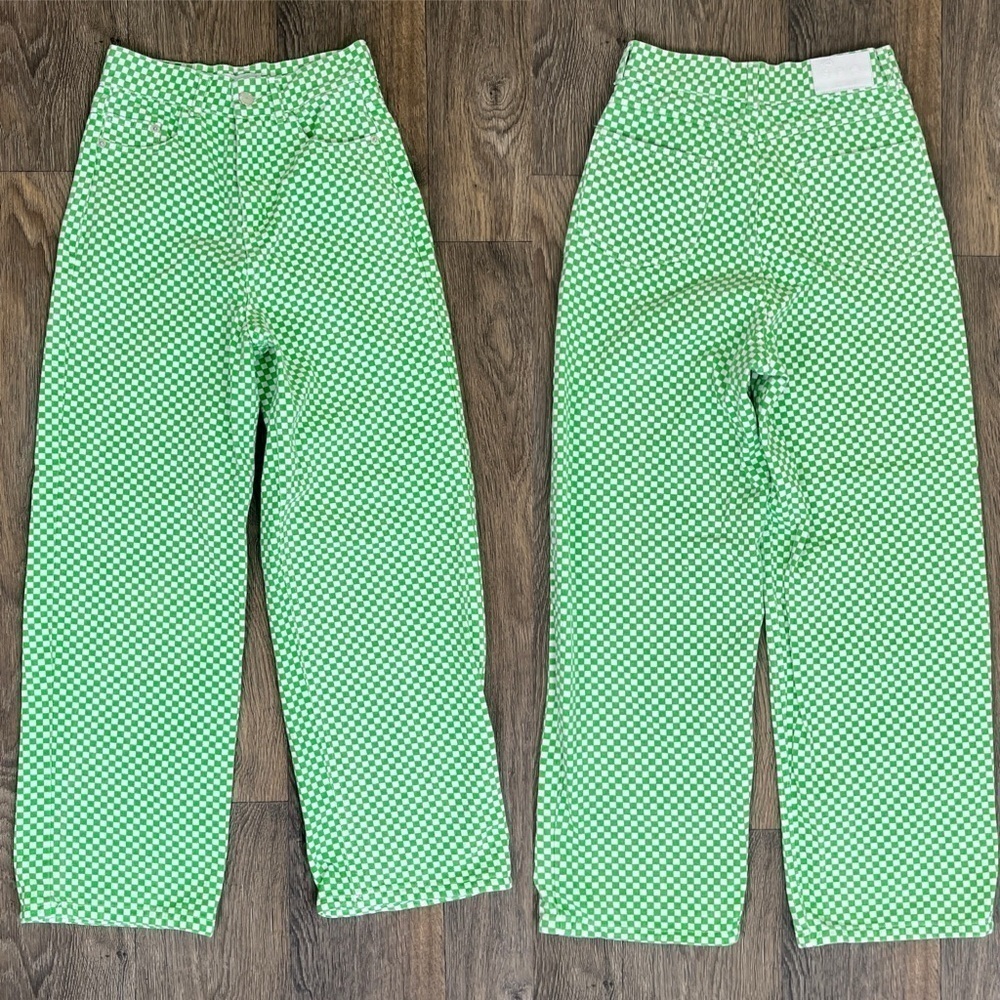 Shekou Women Size XS Linen Green Checkered Straight Leg High Waisted Trousers